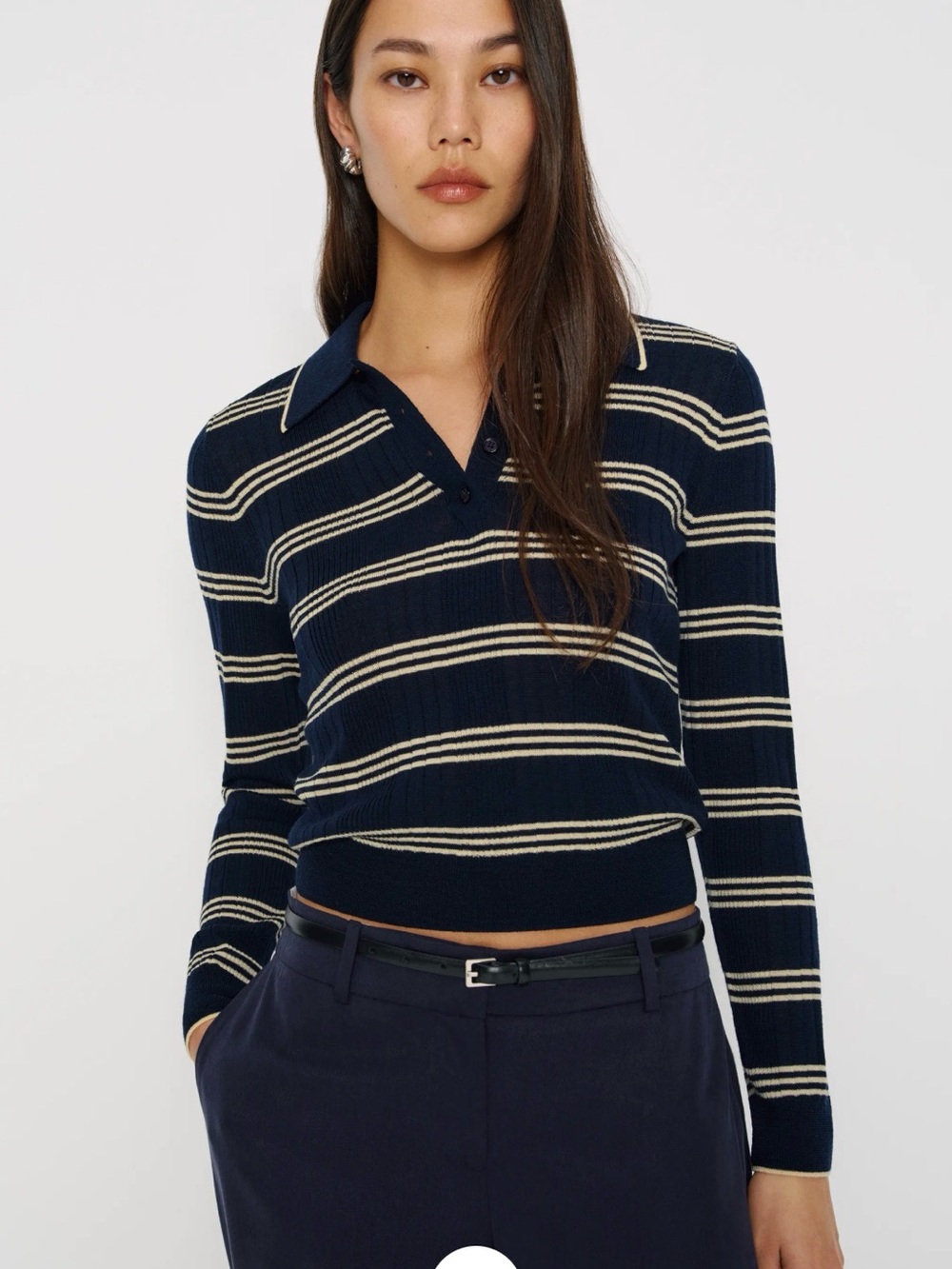 Reformation Hermia Regenerative Merino Polo Sweater Parmesan Navy Stripe / M